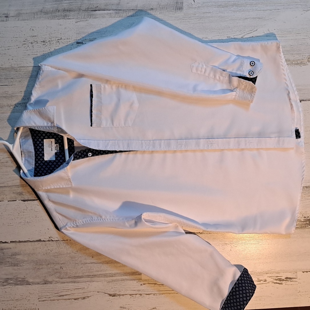 Boys white and navy blue long sleeve polo. Big boy size L 14/16